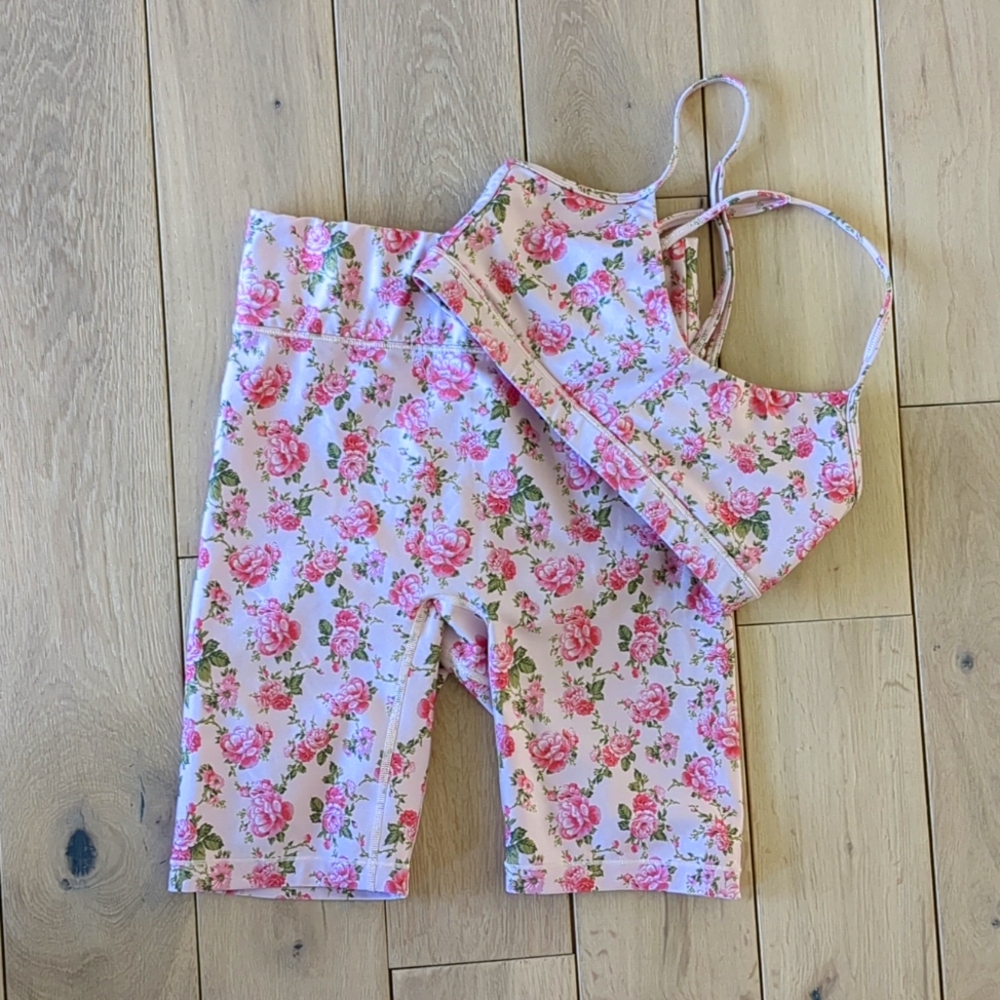 Small LoveShackFancy X Bandier Peony Garden Floral Pink Workout Set Bra Shorts